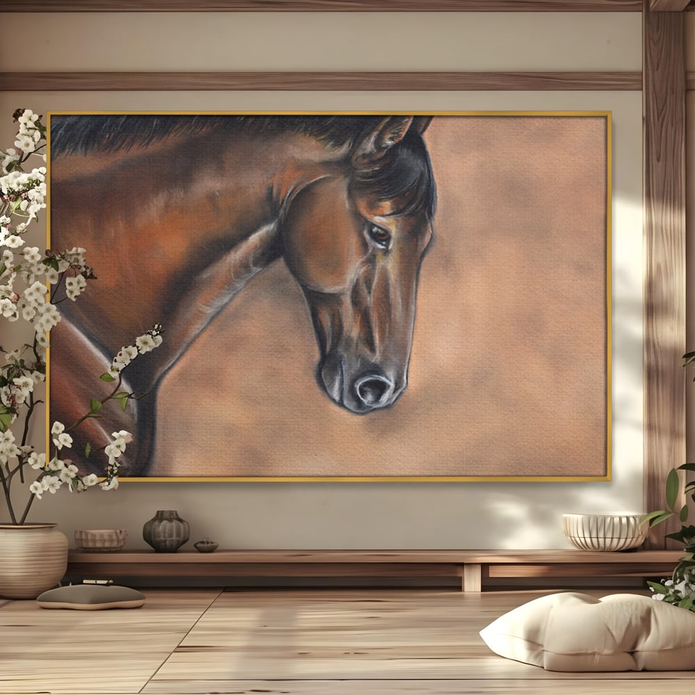 Tablou canvas cu tablou canvas cu portret de cal, in rama de aluminiu auriu